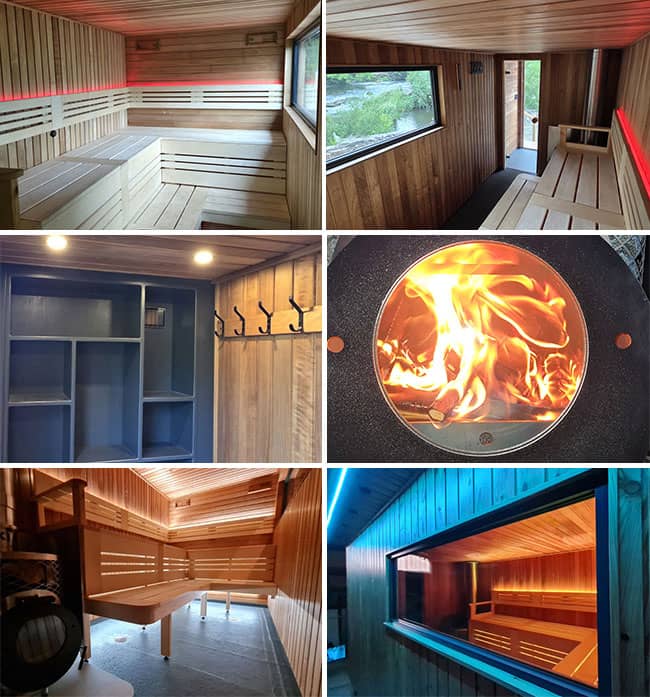 Interior and exterior of sauna in Llangollen